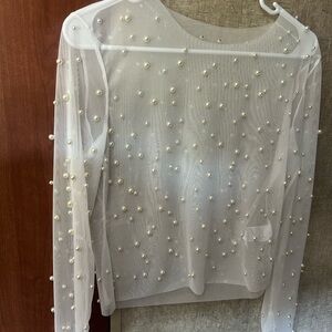 Sheer Pearl-Embellished Long-Sleeve Top - White